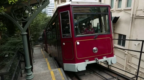 Old-fashioned cable railway wagon departs from middle station Stock Footage 49239210