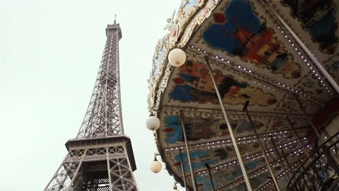 Old Fashioned Carousel near the Eiffel Tower in Paris, France. Stock Footage 98988166