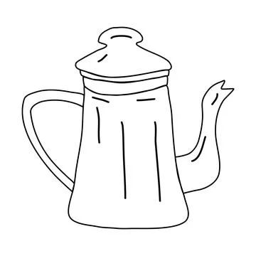 Old fashioned ceramic or porcelain tea pot, doodle style flat vector outline for Stock Illustration