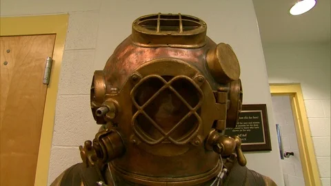 Old fashioned copper divers helmet Stock Footage 95603211