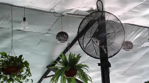 An old fashioned electric fan fixed near the ceiling to cold down room temper Stock Footage 137403588