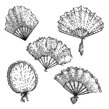 Old fashioned fan set sketch hand drawn vector Stock Illustration