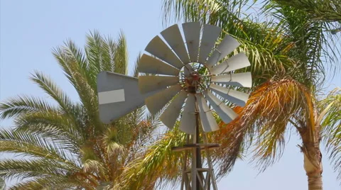 Old-fashioned farmer wind water pump and palm trees Stock Footage 40702802