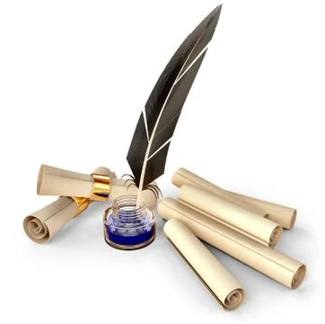 Old-fashioned feather with ink and blank scrolls Illustrazione stock
