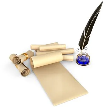 Old-fashioned feather with ink and blank scrolls Illustrazione stock