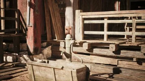 Old fashioned hand water pump in a rustic wooden setting during daylight hour Illustration