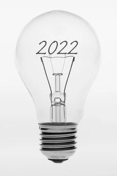 Old fashioned light bulb with the text two thousand and twenty two Stock Photos