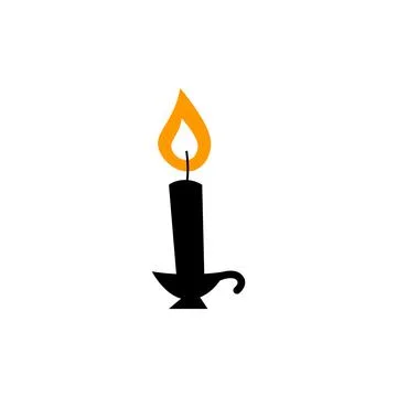 Old fashioned lighted candle, candlestick on flat holder icon for apps and Stock Illustration
