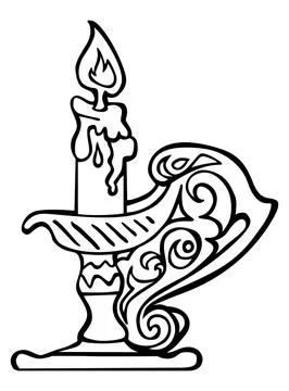 Old-fashioned lighted candle, candlestick. Black and white drawing Stock Illustration