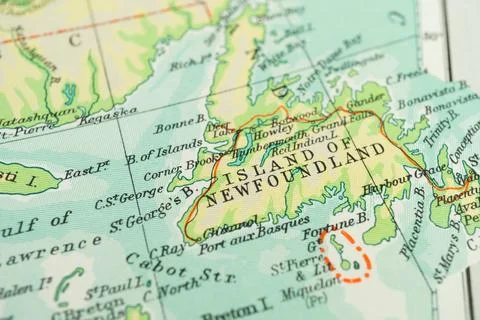 An old-fashioned map from the 17th or 18th century highlights Newfoundland .. Foto stock