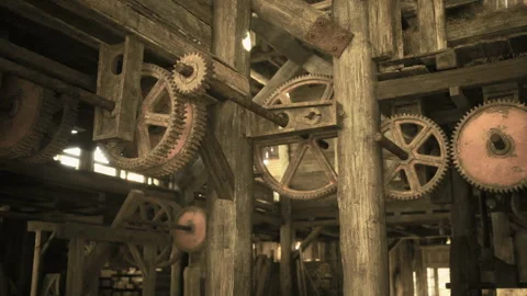 Old fashioned mill with intense illumination and textured surfaces Stock Footage 331396881