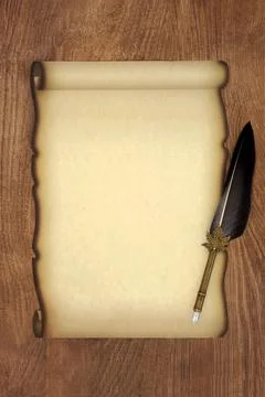 Old Fashioned Paper Scroll Document with Vintage Feather Pen Stock Photos