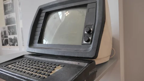 Old Fashioned Pc With Retro Screen, Keyboard Stock Footage 258596953