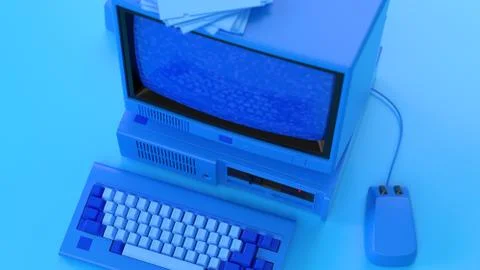 Old-fashioned personal computer in retro 80s style. Blue Laptop. 3d render illus Illustrazione stock