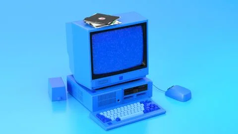 Old-fashioned personal computer in retro 80s style. Blue Laptop. 3d render illus Stock Illustration