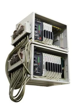 Old fashioned phone switch system without a front door in work. Isolated on w Foto stock