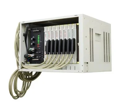 Old fashioned phone switch system without the front door in work. Isolated on Stock Photos