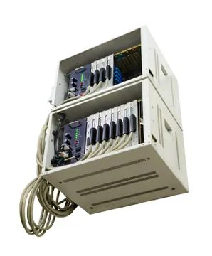Old fashioned phone switch system without the front door in work. Isolated ov Stock Photos
