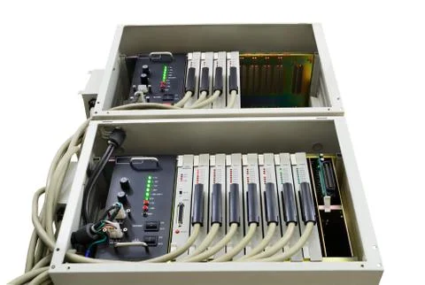 Old fashioned phone switch system without the front door in work. Isolated on Stock Photos