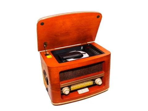 Old-fashioned player. Open radiogramophone. Isolated on white background Stock Photos
