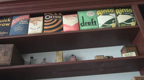 Old Fashioned Products on Store Shelf Video stock 37758776