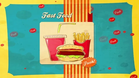 Old-fashioned rapid nurture with artwork of hamburger french chips and soda on Stock Footage 129643882