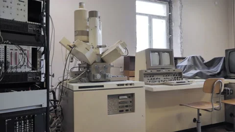 Old Fashioned, Retro Computer, Electronic Microscope And Equipment In Laboratory Stock Footage 177506397