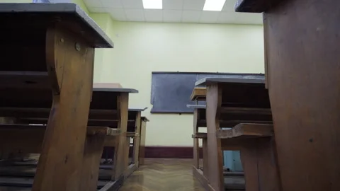 Old-Fashioned School Desks In Empty Classroom Stock Footage 262866859