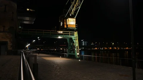 Old Fashioned Ship Crane In The Night Stock Footage 96113316