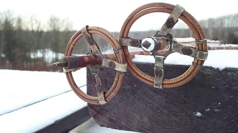 Old fashioned ski equipment on the bench. Stock Footage 71462870