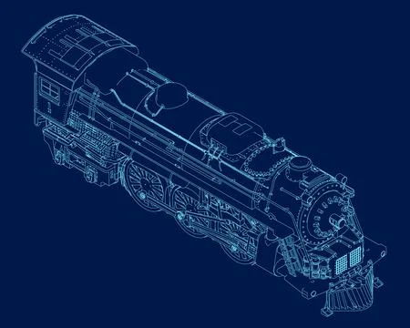 Old Fashioned Steam Train wireframe. Isometric view. 3D. Vector illustration Stock Illustration