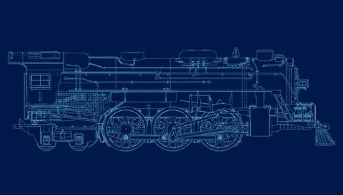 Old Fashioned Steam Train wireframe. Side view. 3D. Vector illustration Stock Illustration