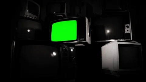 Old Fashioned TV Green Screen with Many Broken and Retro TVs. BW Tone. Zoom Out. Stock Footage 88493491