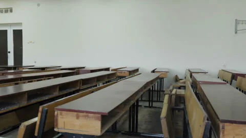 Old-Fashioned Vintage Desks In Empty Classroom In School, College, University Stock-Footage 164145017