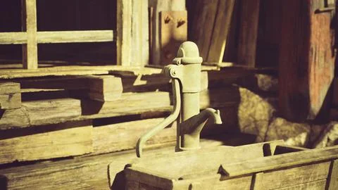 Old fashioned water pump in rustic wooden setting surrounded by nature Illustration