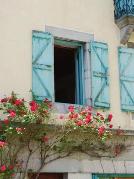 Old fashioned window with blue shutters overgrown by vivid rose plant in Ar.. Stock Photos