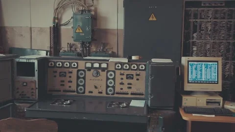 Old-fashioned working computers in the science center Stock Footage 245959916