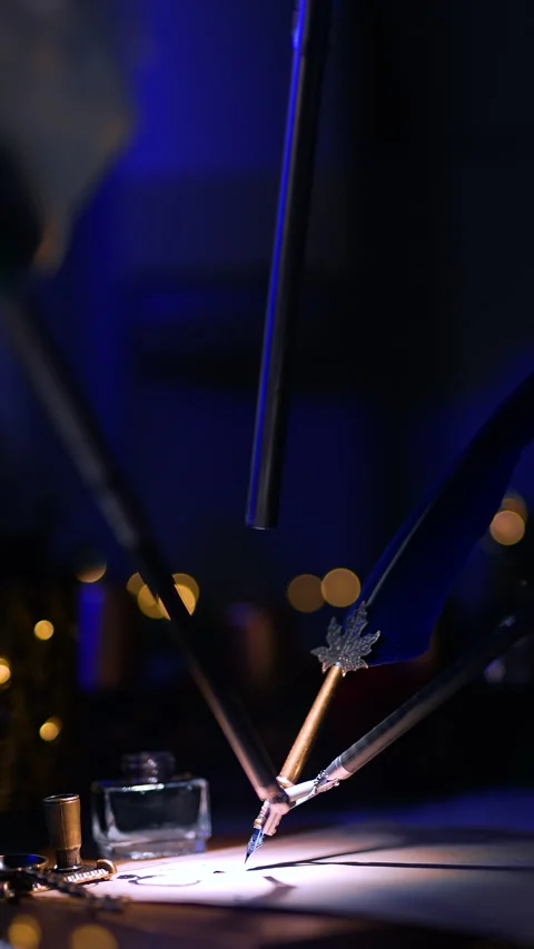 Old-fashioned writing pen in the precise robotic arms write the letter. Stock Footage 286307729