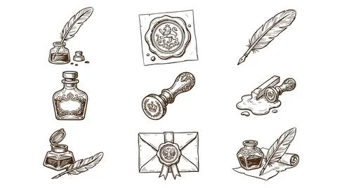 Old-fashioned writing tools with ink bottles, quills, and wax seals for cor.. Stock Illustration