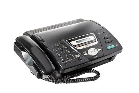 Old fax machine close up, on a white background. Stock Photos