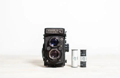 Old film camera medium format Yashia 124 mat and film Stock Photos