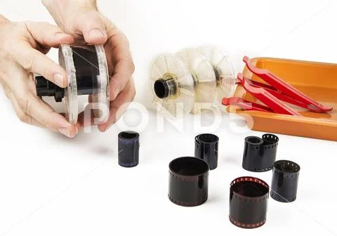 Old film tank developer with photo tools Stock Photos