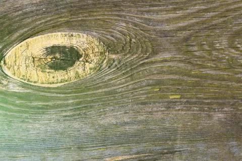 Old filthy pine board with cracks and knot, covered dark green paint collapse Stock Photos