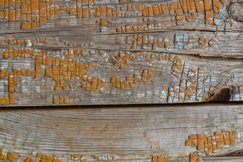 Old filthy pine board with cracks, covered orange paint collapsed partly Stock Photos