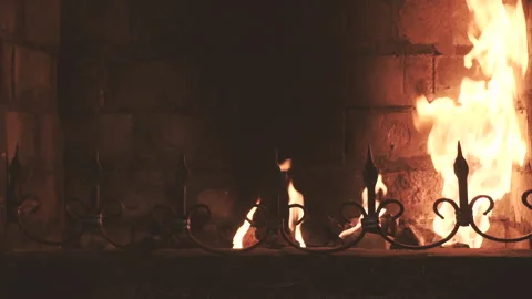 Old fireplace with flame inside. Warm light Video stock 147751452