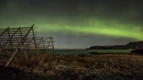 Old fish flake with Northern lights Stock Footage 88241074