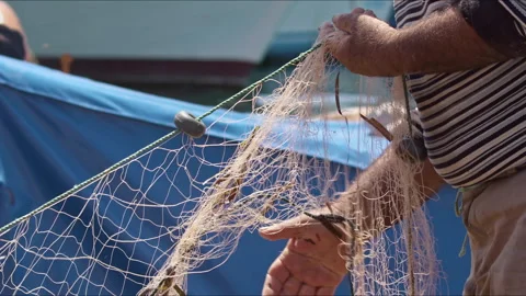 Old Fisherman Prepare Hand Pulling the Fish Net 스톡 동영상 245022703