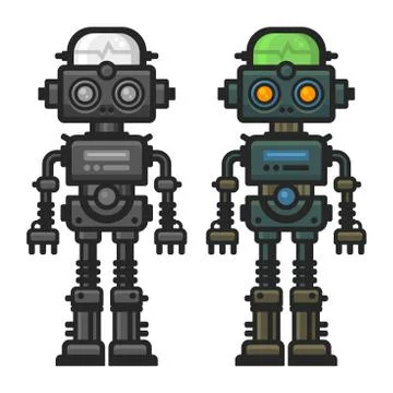 Old Flat Style Robot Set on White Background. Vector 库存插图