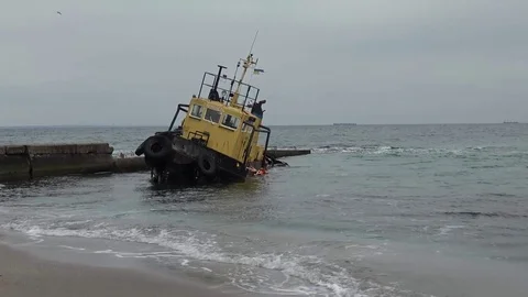 Old flooded towing ship. Shipwreck. Sunken towing ship Odessa Ukraine Stock Footage 103588935