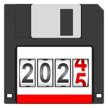 Old floppy disc for computer data storage with 2025 New Year counter isolated Stock Illustration